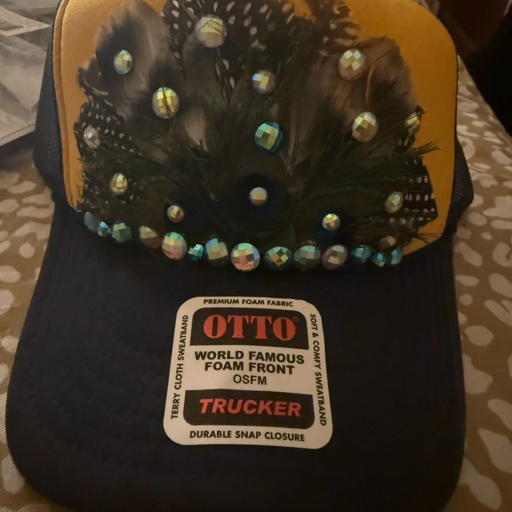 OTTO Yellow and navy Feather Embellished Trucker Hat